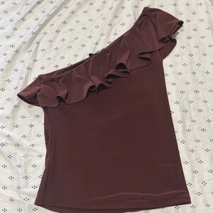Express brown Asymmetrical Ruffled Sleeveless Blouse